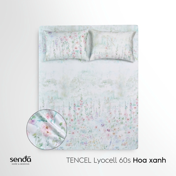 Bộ ga gối 3 món Lụa Tencel 60S họa tiết - Hoa Xanh