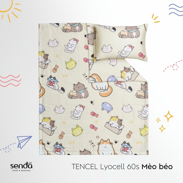 Bộ chăn gối cho bé đi học Lụa Tencel họa tiết - Mèo béo