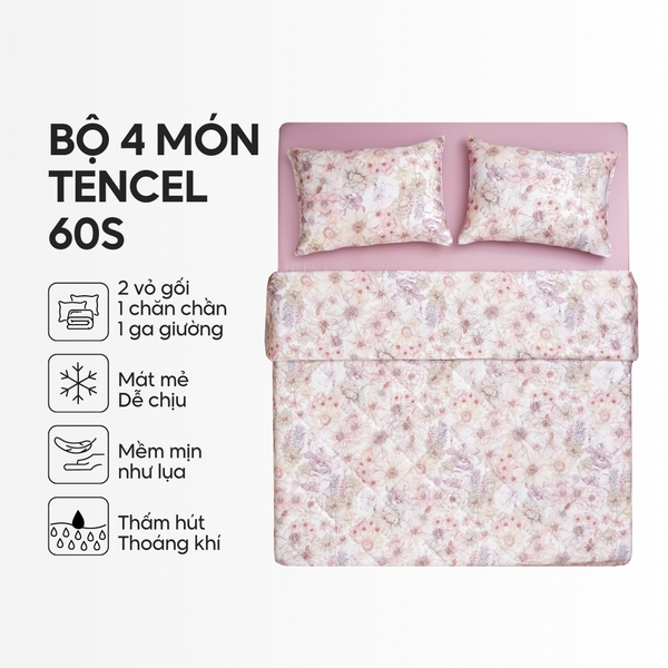Bộ chăn ga gối 4 món (chăn chần bông) Lụa Tencel 60S họa tiết - Như ý
