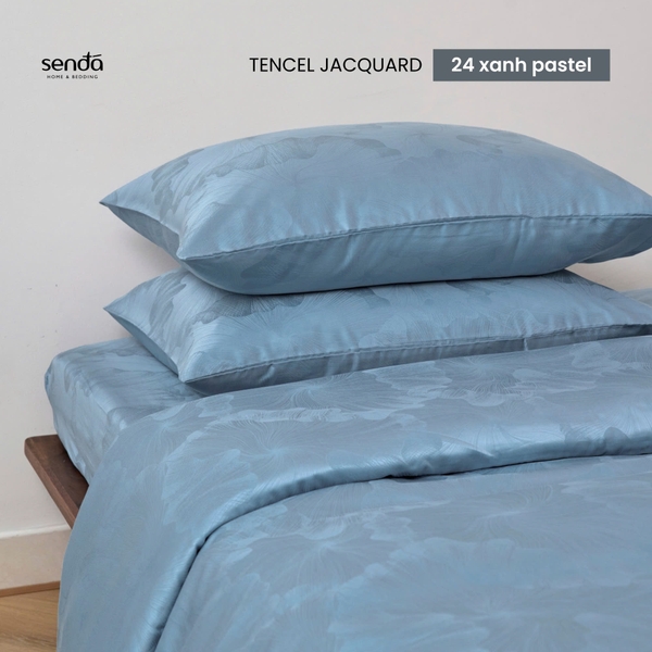 Bộ chăn ga gối 4 món Lụa Tencel Jacquard vân gấm - 24 Xanh pastel