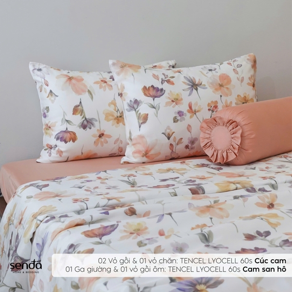 Bộ chăn ga gối 5 món Lụa Tencel 60S họa tiết - Cúc cam