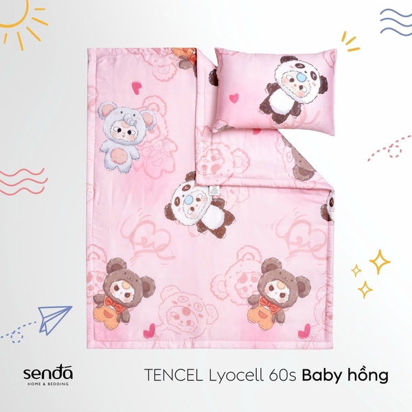 Bộ chăn gối cho bé đi học Lụa Tencel họa tiết - Baby hồng