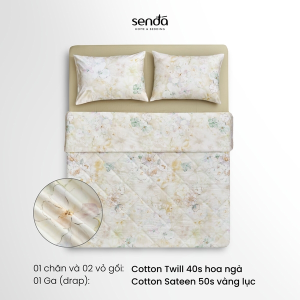Bộ chăn ga gối 4 món (chăn chần bông) Cotton 40S họa tiết - Hoa ngà