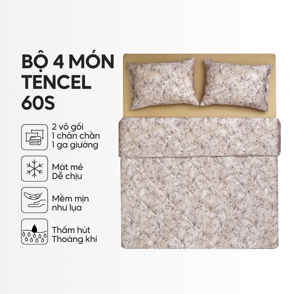 Bộ chăn ga gối 4 món (chăn chần bông) Lụa Tencel 60S họa tiết - Cẩm Ly