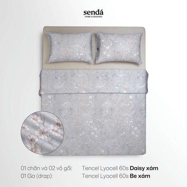 Vỏ chăn chần bông Lụa Tencel 60S họa tiết - Daisy Xám