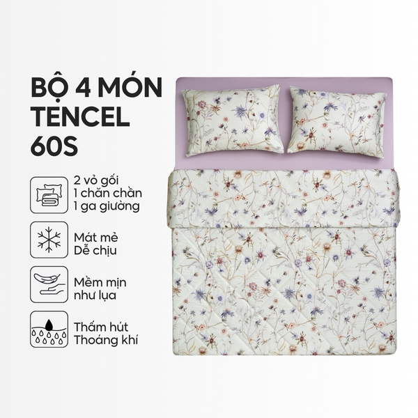 Bộ chăn ga gối 4 món (chăn chần bông) Lụa Tencel 60S họa tiết - Kim cúc