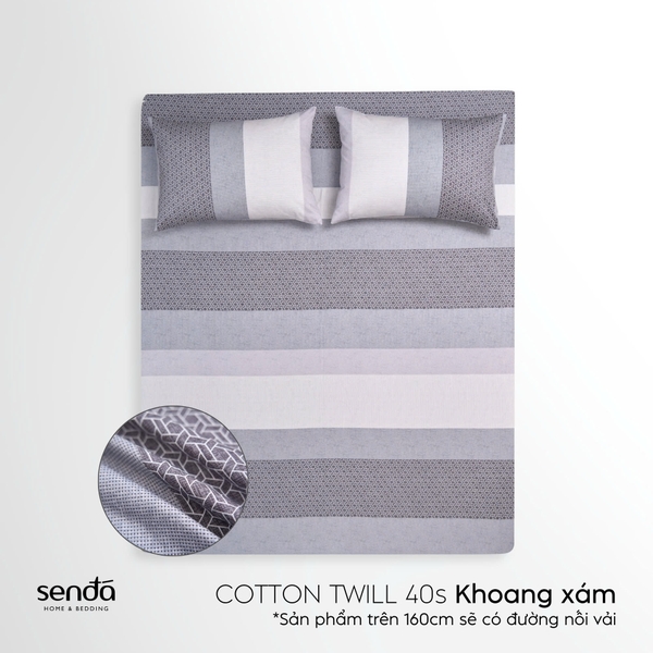 Bộ ga gối 3 món Cotton Twill họa tiết kẻ sọc - Khoang xám