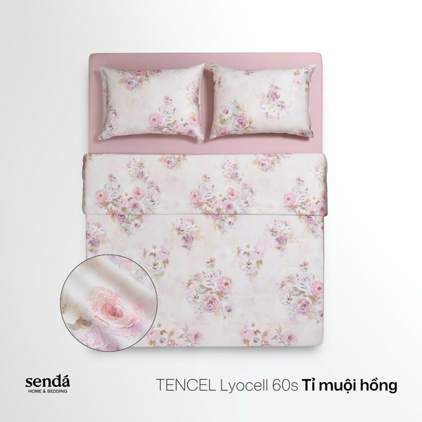 Bộ chăn ga gối 4 món (chăn chần bông) Lụa Tencel 60S họa tiết - Tỉ muội hồng