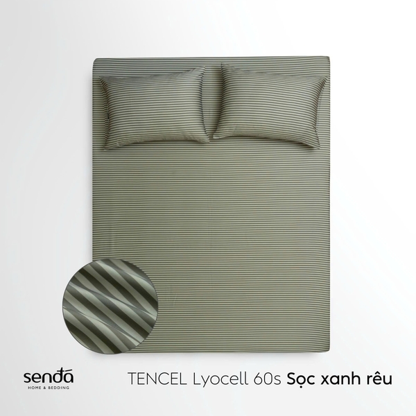 Bộ ga gối 3 món Lụa Tencel  họa tiết kẻ sọc - Sọc xanh rêu