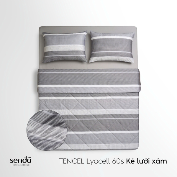 Vỏ chăn chần bông Lụa Tencel 60S họa tiết - Kẻ lưới xám