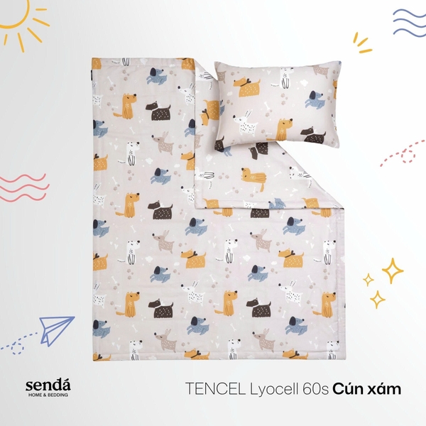 Bộ chăn gối cho bé đi học Lụa Tencel họa tiết - Cún xám