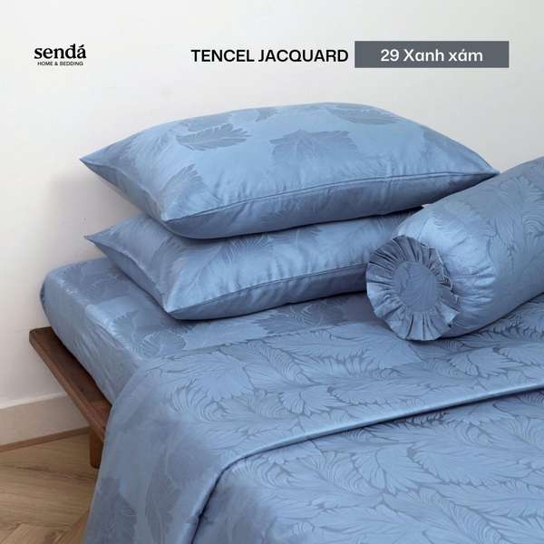 Bộ chăn ga gối 5 món Lụa Tencel Jacquard vân gấm - 29 Xanh xám