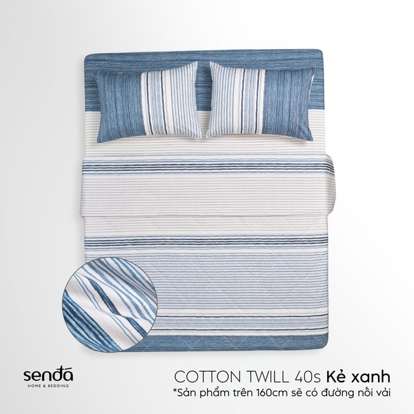 Bộ chăn ga gối 4 món Cotton Twill họa tiết kẻ sọc - Kẻ xanh