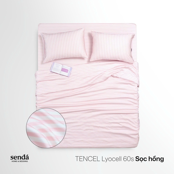 Bộ chăn ga gối 4 món Lụa Tencel họa tiết kẻ sọc - Sọc hồng