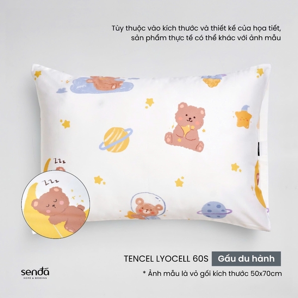 Vỏ gối nằm cho bé đi học Lụa Tencel họa tiết - Gấu du hành