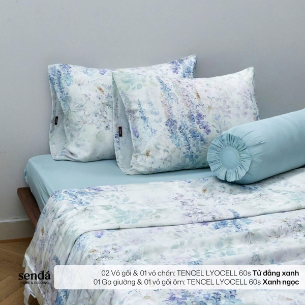 Bộ chăn ga gối 5 món Lụa Tencel 60S họa tiết - Tử đằng xanh