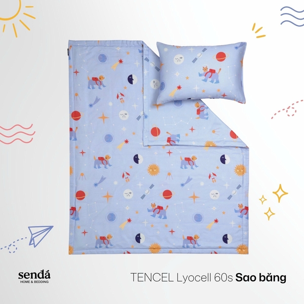 Bộ chăn gối cho bé đi học Lụa Tencel họa tiết - Sao băng