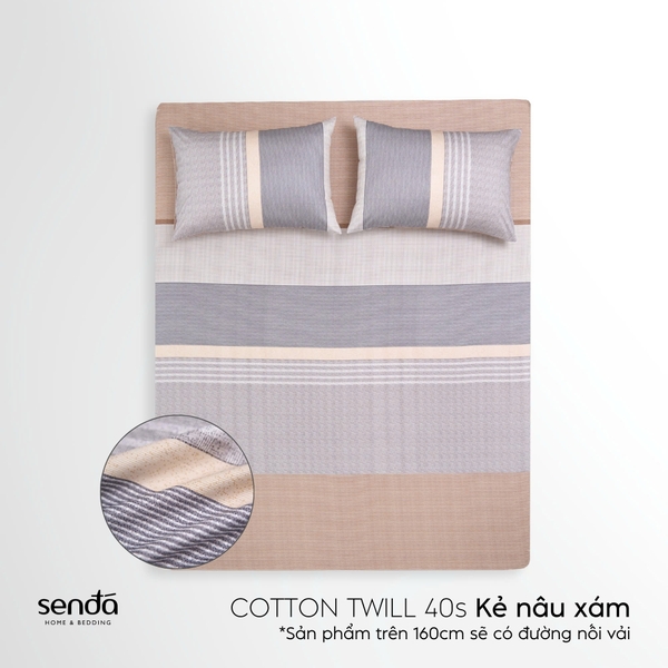 Bộ ga gối 3 món Cotton Twill họa tiết kẻ sọc - Kẻ nâu xám