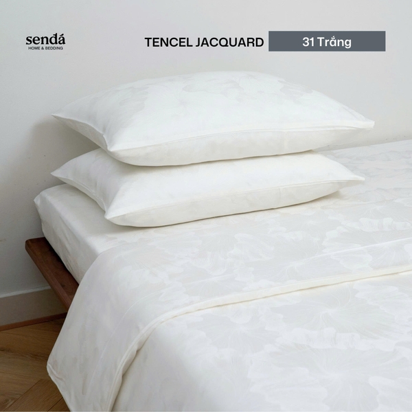 Bộ chăn ga gối 4 món Lụa Tencel Jacquard vân gấm - 31 Trắng