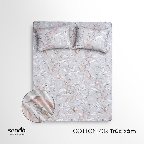 Bộ ga gối 3 món Cotton 40S họa tiết - Trúc xám