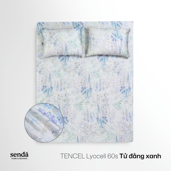 Bộ ga gối 3 món Lụa Tencel 60S họa tiết - Tử đằng xanh