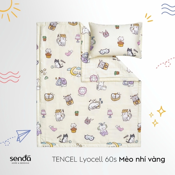 Bộ chăn gối cho bé đi học Lụa Tencel họa tiết - Mèo nhí vàng