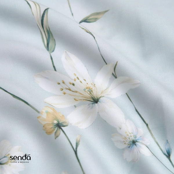 Bộ chăn ga gối 4 món (chăn chần bông) Lụa Tencel 60S họa tiết -Tóc tiên