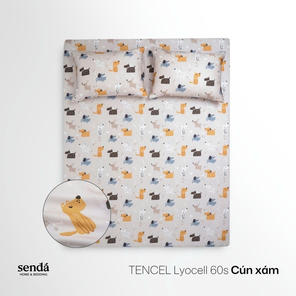 Bộ ga gối 3 món cho bé Lụa Tencel họa tiết - Cún xám