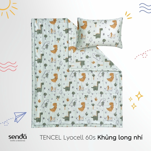 Bộ chăn gối cho bé đi học Lụa Tencel họa tiết - Khủng long nhí