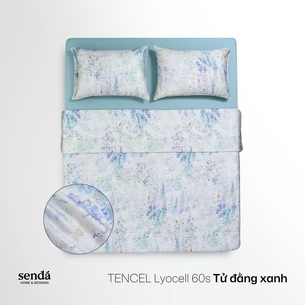 Bộ chăn ga gối 4 món (chăn chần bông) Lụa Tencel 60S họa tiết - Tử đằng xanh