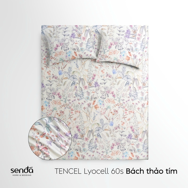 Bộ ga gối 3 món Lụa Tencel 60S họa tiết - Bách thảo tím