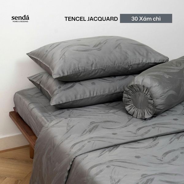 Bộ chăn ga gối 5 món Lụa Tencel Jacquard vân gấm - 30 Xám chì