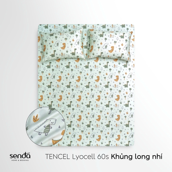 Bộ ga gối 3 món cho bé Lụa Tencel họa tiết - Khủng long nhí