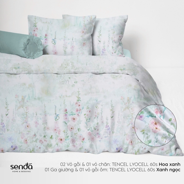 Bộ chăn ga gối 5 món Lụa Tencel 60S họa tiết - Hoa Xanh