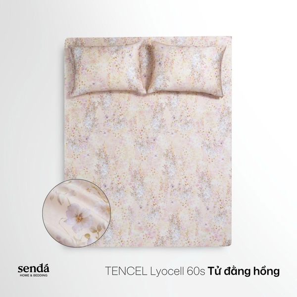 Bộ ga gối 3 món Lụa Tencel 60S họa tiết - Tử đằng hồng