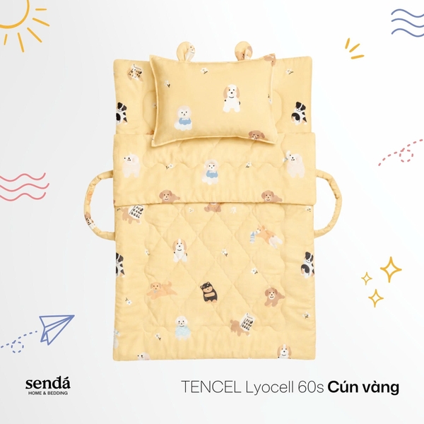 Bộ chăn gối nệm cho bé gấp gọn 5 trong 1 Lụa Tencel họa tiết - Cún vàng