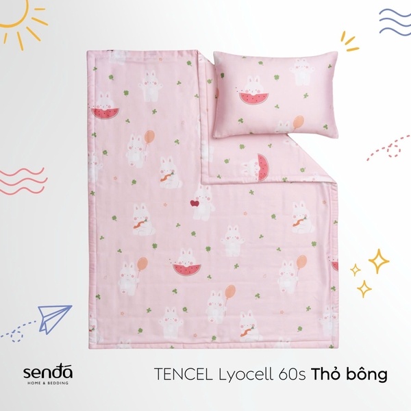 Bộ chăn gối cho bé đi học Lụa Tencel họa tiết - Thỏ bông