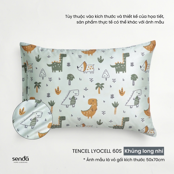 Vỏ gối nằm cho bé đi học Lụa Tencel họa tiết - Khủng long nhí