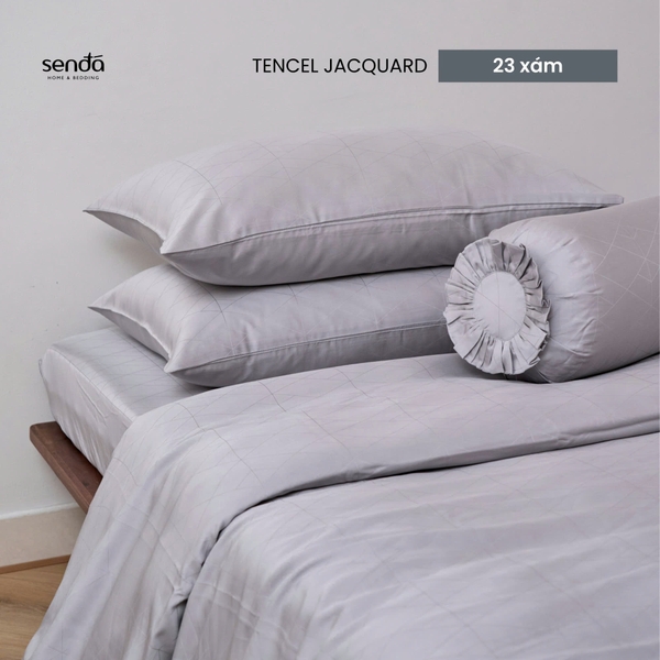 Bộ chăn ga gối 5 món Lụa Tencel Jacquard vân gấm - 23 Xám