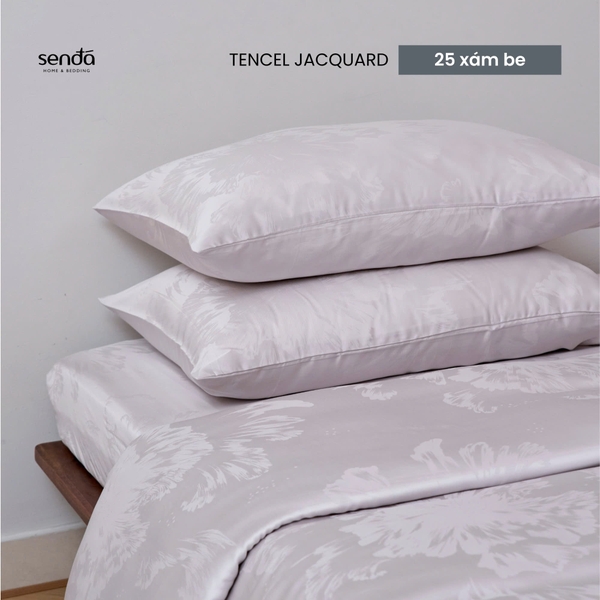 Bộ chăn ga gối 4 món Lụa Tencel Jacquard vân gấm - 25 Xám be