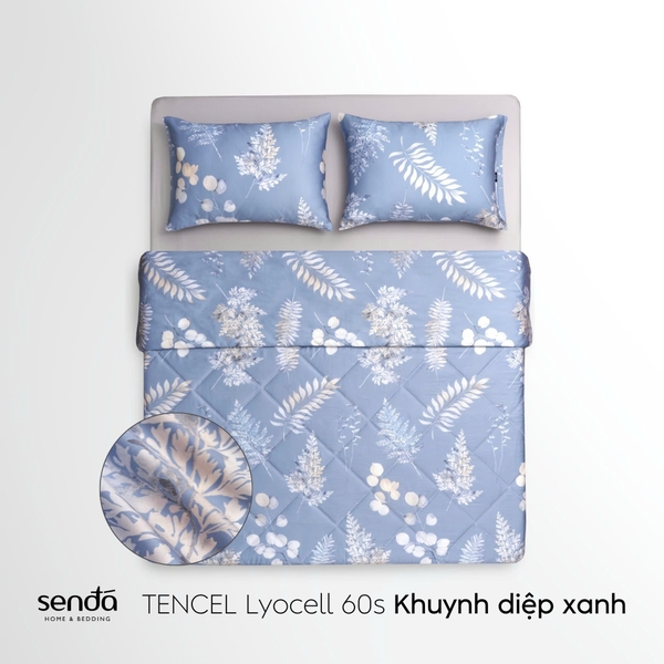 Bộ chăn ga gối 4 món (chăn chần bông) Lụa Tencel 60S họa tiết - Khuynh diệp xanh