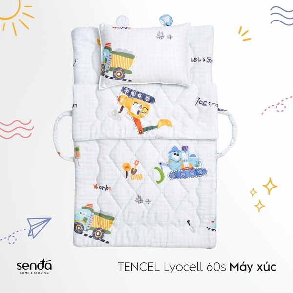 Bộ chăn gối nệm cho bé gấp gọn 5 trong 1 Lụa Tencel họa tiết - Máy xúc