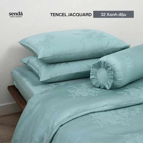Bộ chăn ga gối 5 món Lụa Tencel Jacquard vân gấm - 32 Xanh đậu