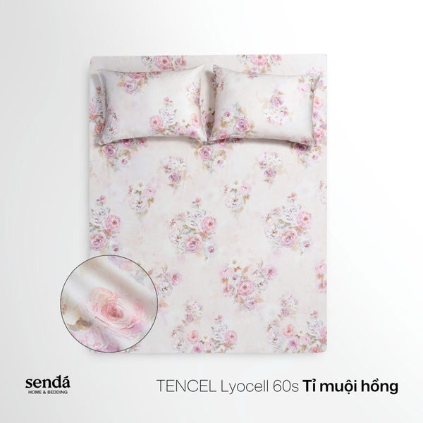 Bộ ga gối 3 món Lụa Tencel 60S họa tiết - Tỉ muội hồng