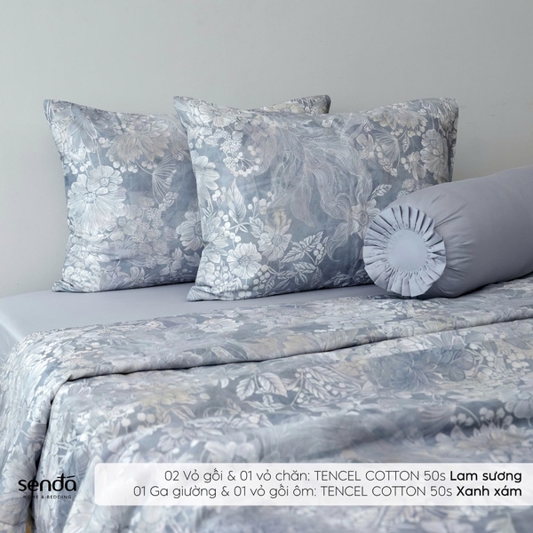 Bộ chăn ga gối 5 món Tencel Cotton họa tiết - Lam sương