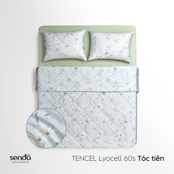 Bộ chăn ga gối 4 món (chăn chần bông) Lụa Tencel 60S họa tiết -Tóc tiên