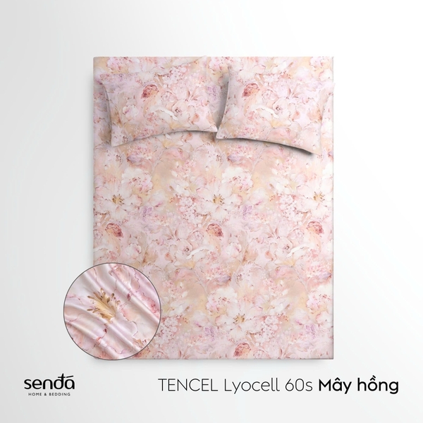 Bộ ga gối 3 món Lụa Tencel 60S họa tiết - Mây hồng