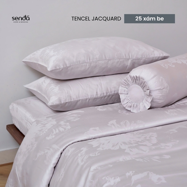 Bộ chăn ga gối 5 món Lụa Tencel Jacquard vân gấm - 25 Xám be