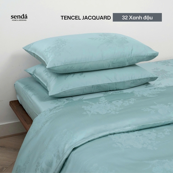 Bộ chăn ga gối 4 món Lụa Tencel Jacquard vân gấm - 32 Xanh đậu