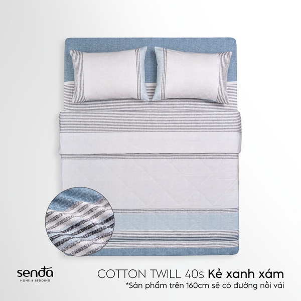 Bộ chăn ga gối 4 món Cotton Twill họa tiết kẻ sọc - Kẻ xanh xám